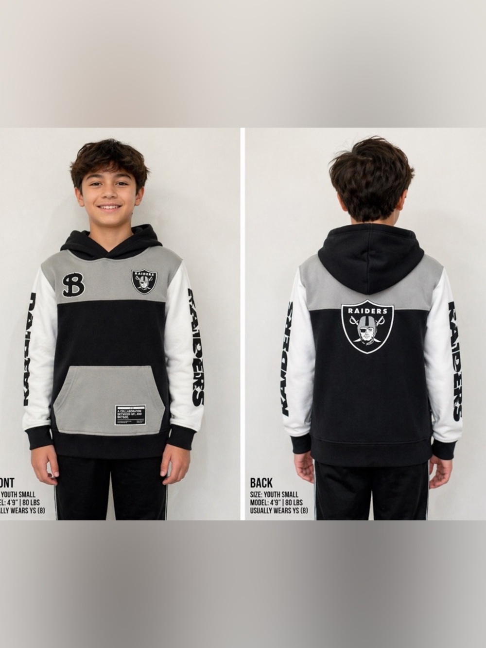 Raiders Youth Small Hoodie Black Gray White NFL BKTSD Pullover Sweatshirt Boys